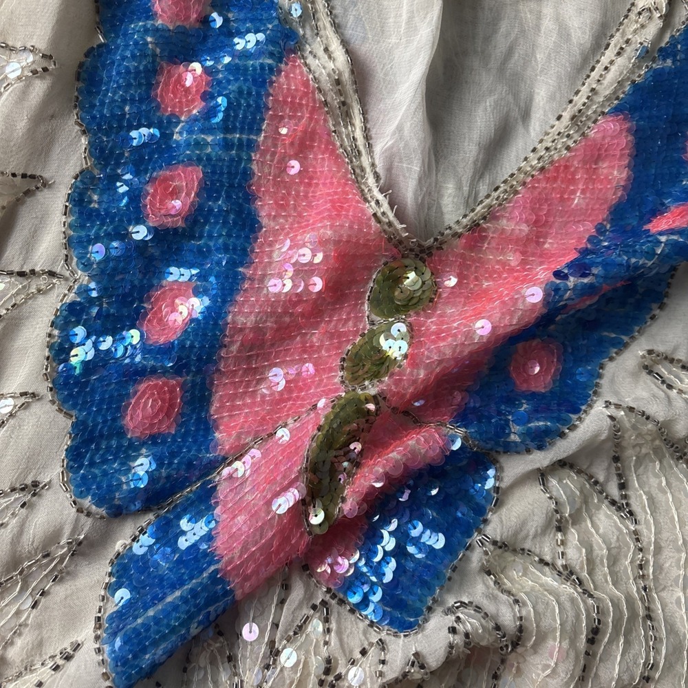 Vintage Butterfly Beaded & Sequins Queen Top Made In India Party Shirt Silk M/L - Picture 11 of 13
